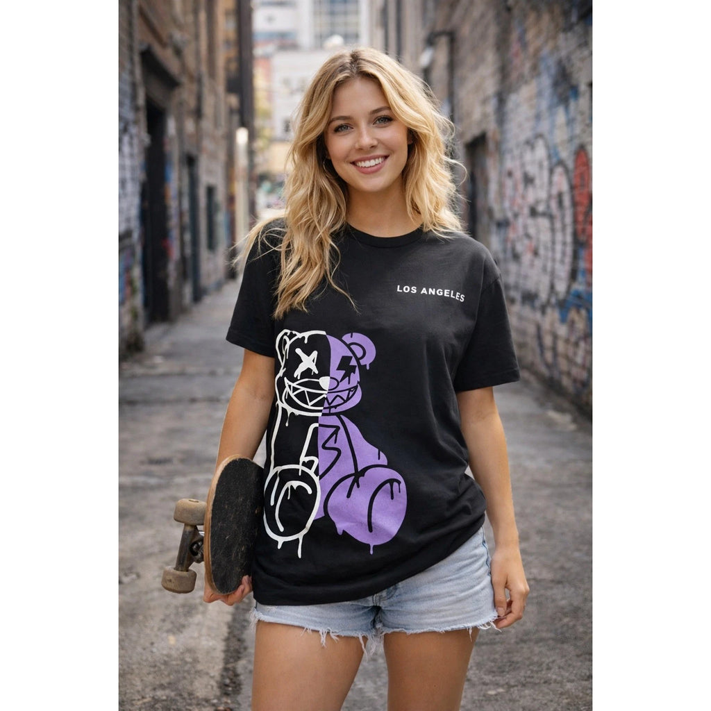 Los Angeles Graphic Tee L Black Purple Graffiti Bear Streetwear Unisex