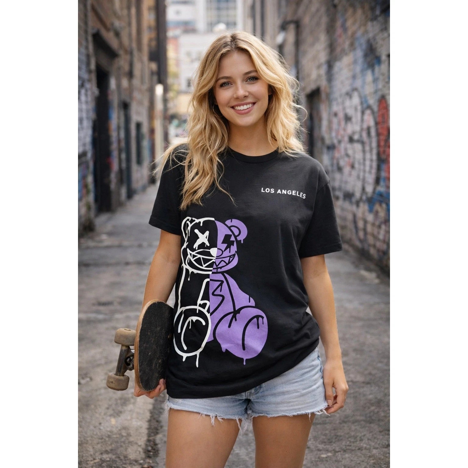 Los Angeles Graphic Tee L Black Purple Graffiti Bear Streetwear Unisex