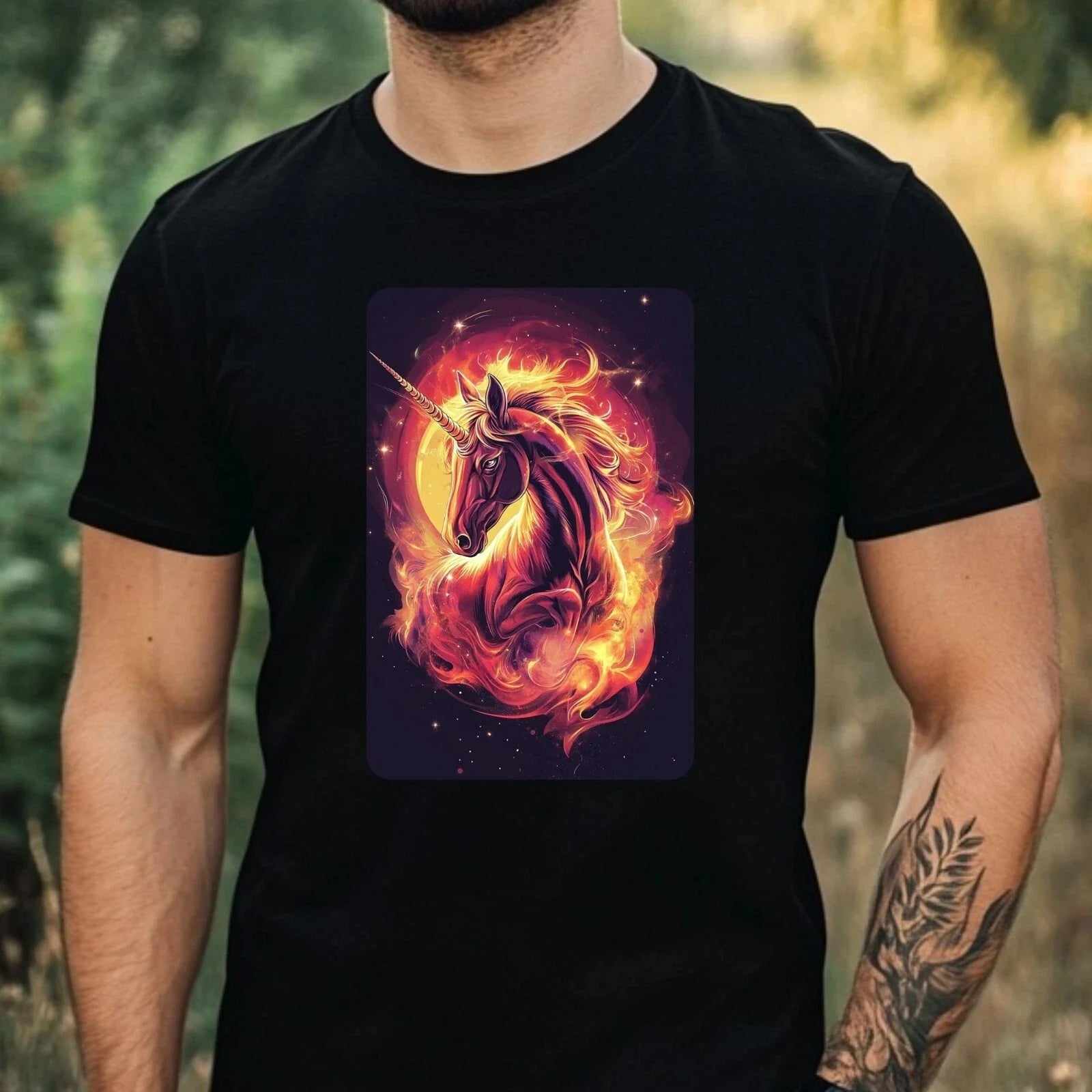 Mens Unicorn On Fire Motif Cotton T-Shirt Size XS to 5XL