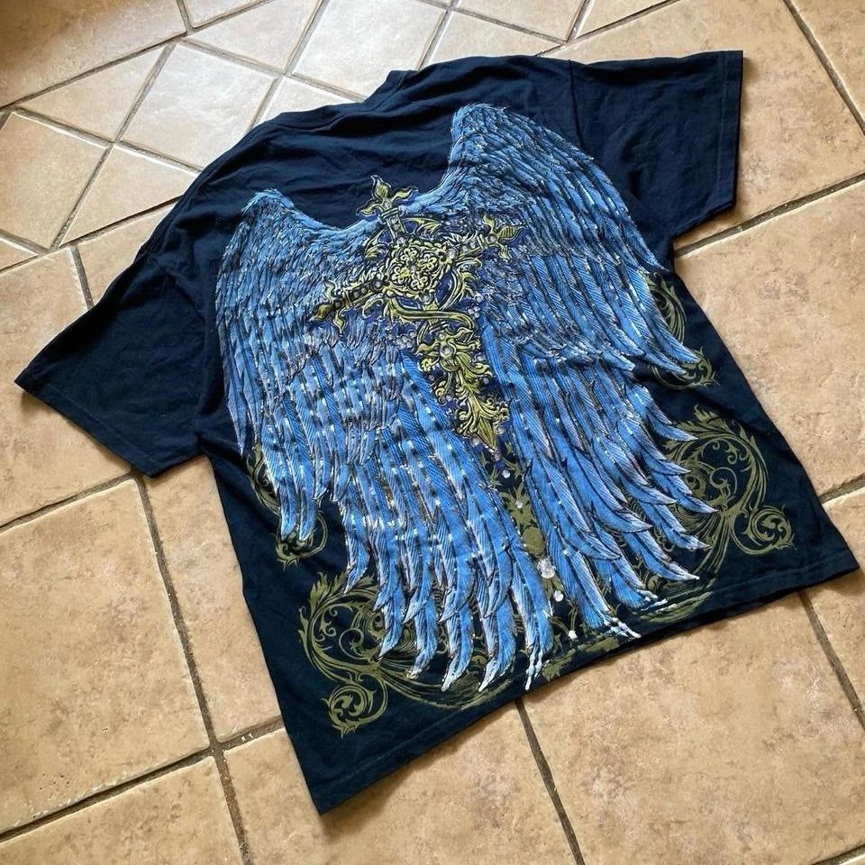 Y2K Grunge Style Wings and Cross Tribal Graphic Shirt Size XLRG Men's