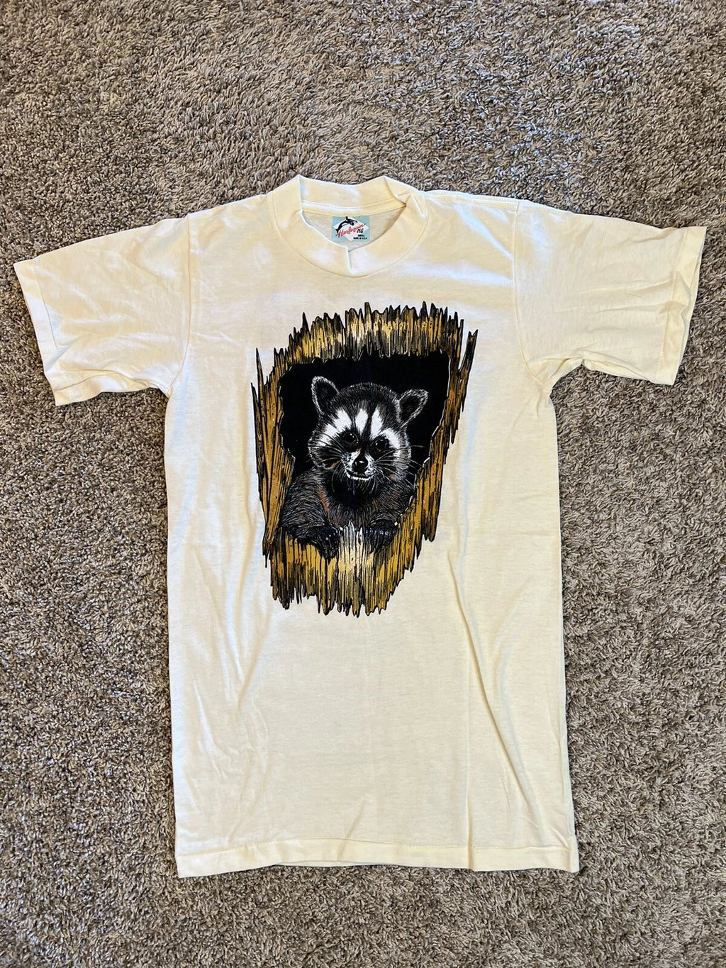 NWOT Vtg 1989 Harlequin M. Somes Racoon Graphic Yellow Unisex T-Shirt Large