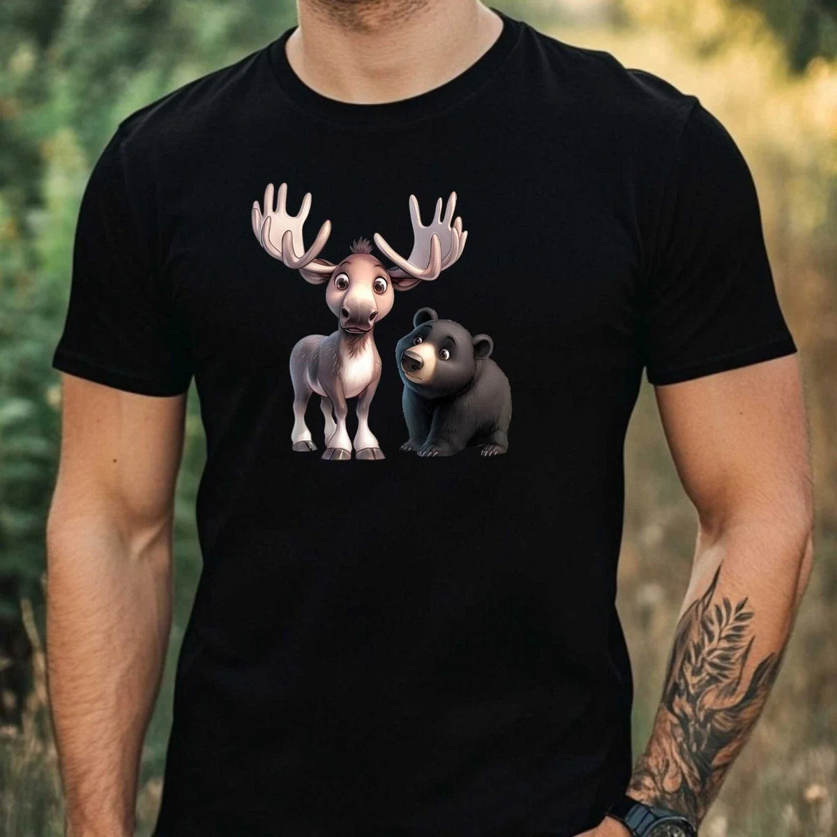 Mens Moose and Bear Print Cotton T-Shirt Size XS to 5XL