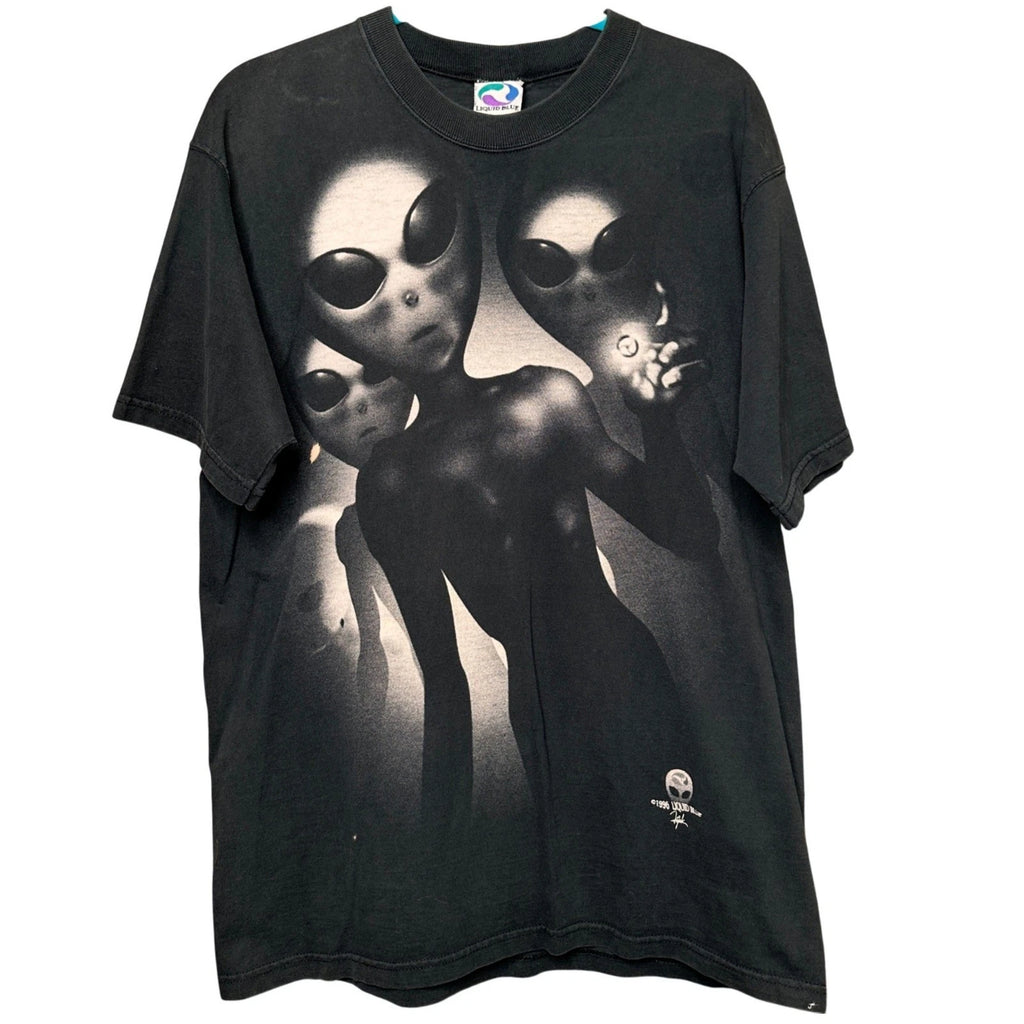 Vintage 1996 Liquid Blue Alien UFO Graphic T-Shirt AOP Black Mens Large USA Made