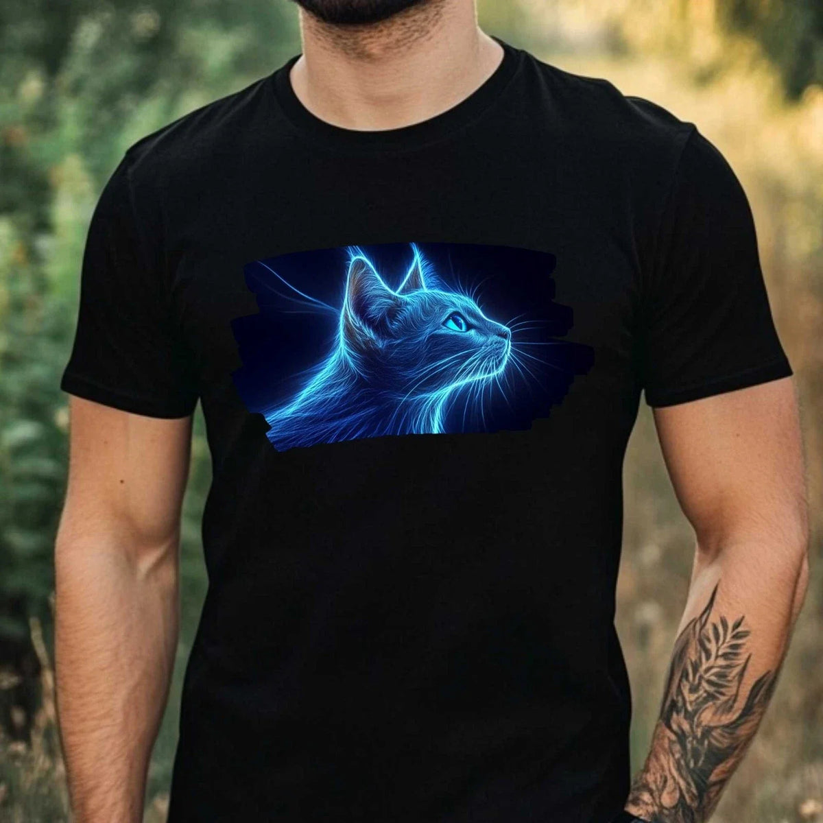 Mens Light Up Cat Print Cotton T-Shirt Size XS to 5XL