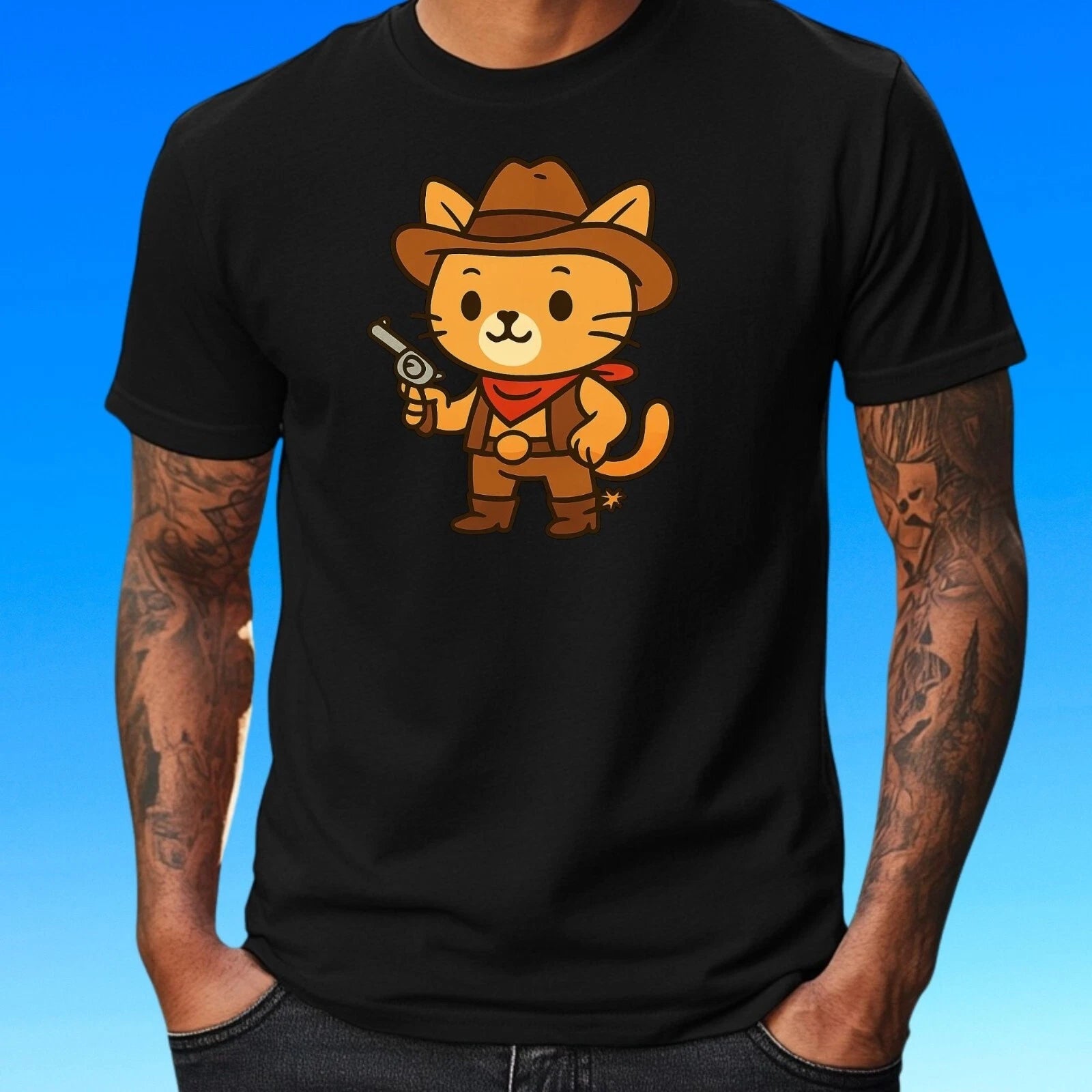 Mens Cowboy Cat Print Cotton T-Shirt Size XS to 5XL