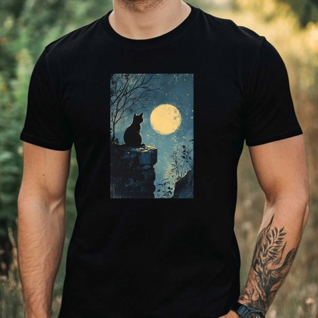 Mens Cat In The Moonlight Motif Cotton T-Shirt Size XS to 5XL