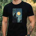 Mens Cat In The Moonlight Motif Cotton T-Shirt Size XS to 5XL