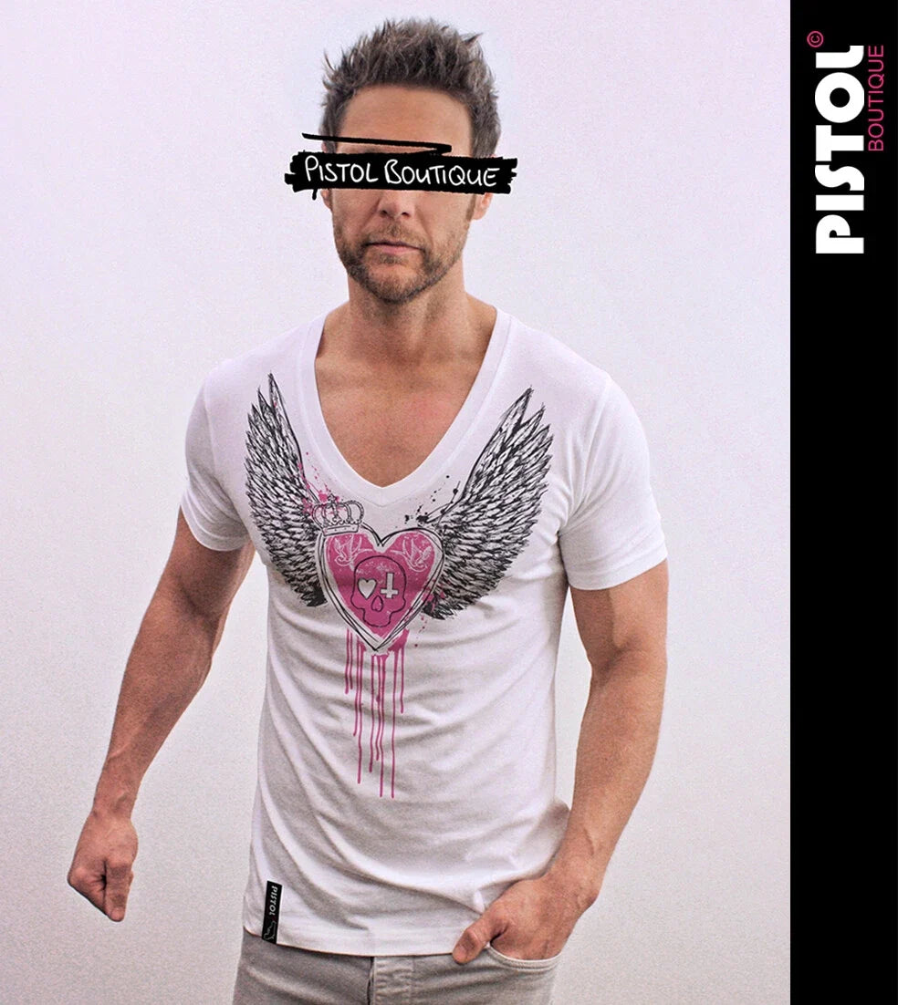 Pistol Boutique Men's White Cotton T-Shirt Deep V-Neck Fitted Skull Heart Wings