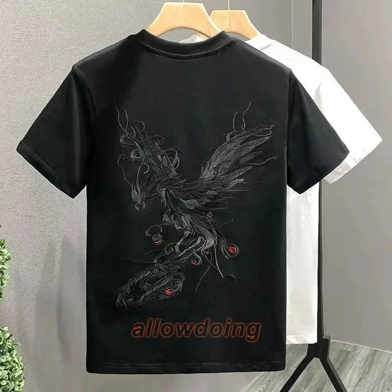 Men's Phoenix Embroidery Short Sleeve T-Shirt Summer Breathable Casual Tee
