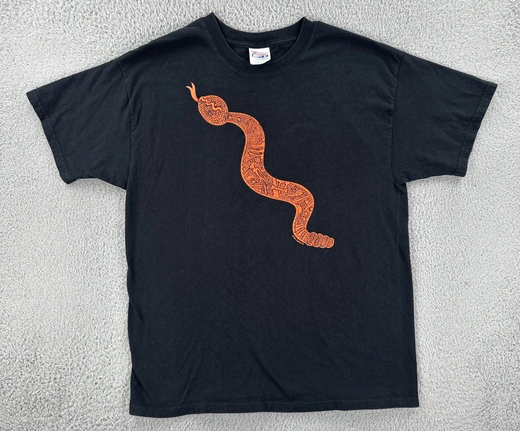 Vtg Hanes Beefy-T Mens Large Black Shirt Artistic Rattlesnake Graphic Print Y2K