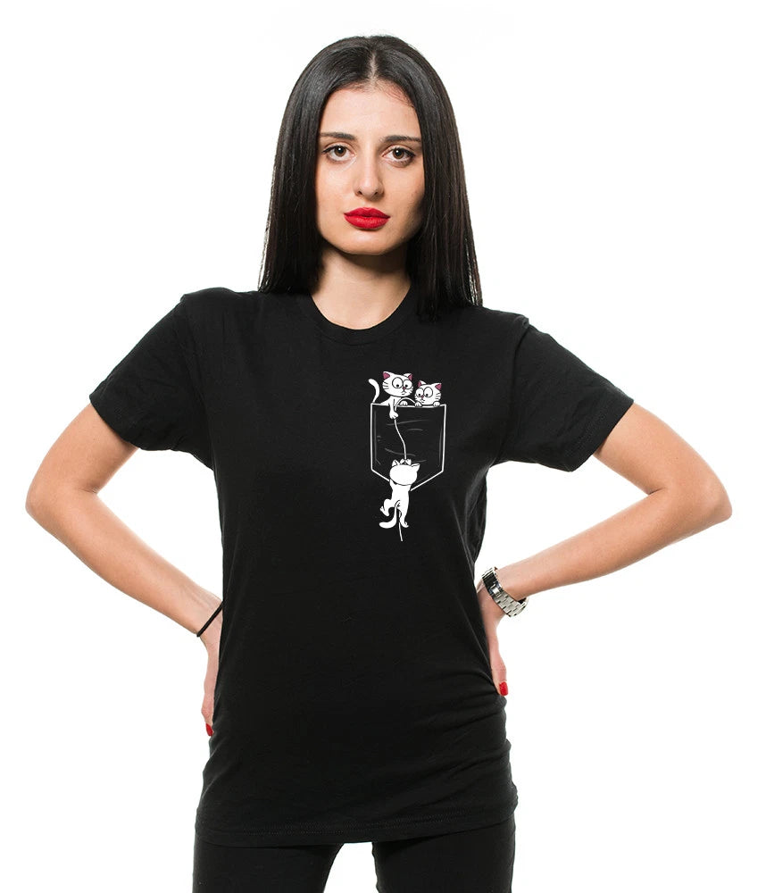 Pocket Cat T-shirt Funny Cat Lover pet t-shirt Cat Funny Creative Pocket Tee
