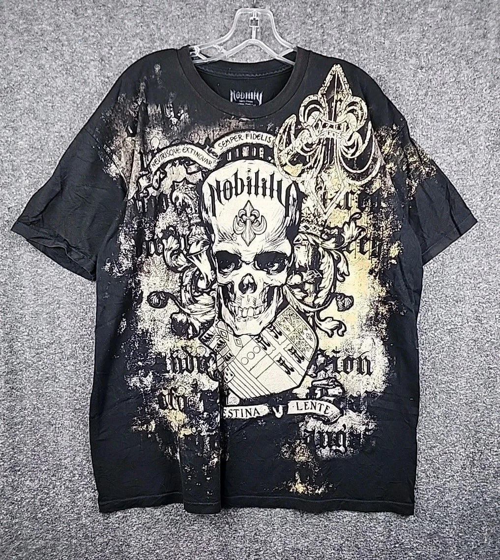 Nobility Y2K Skull AOP Shirt Size 2XL Black White Goth Grunge Skater USA Printed