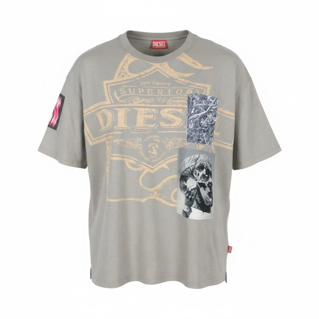 Diesel T-Boxt-Slits-R8 Mens Oversized T-Shirt L Grey Logo Patches
