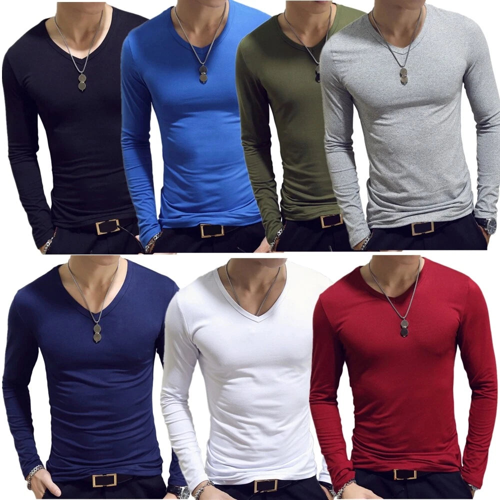 FEESHOW Men's Casual Undershirts Slim Fit V-Neck Long Sleeve T-Shirts Workout