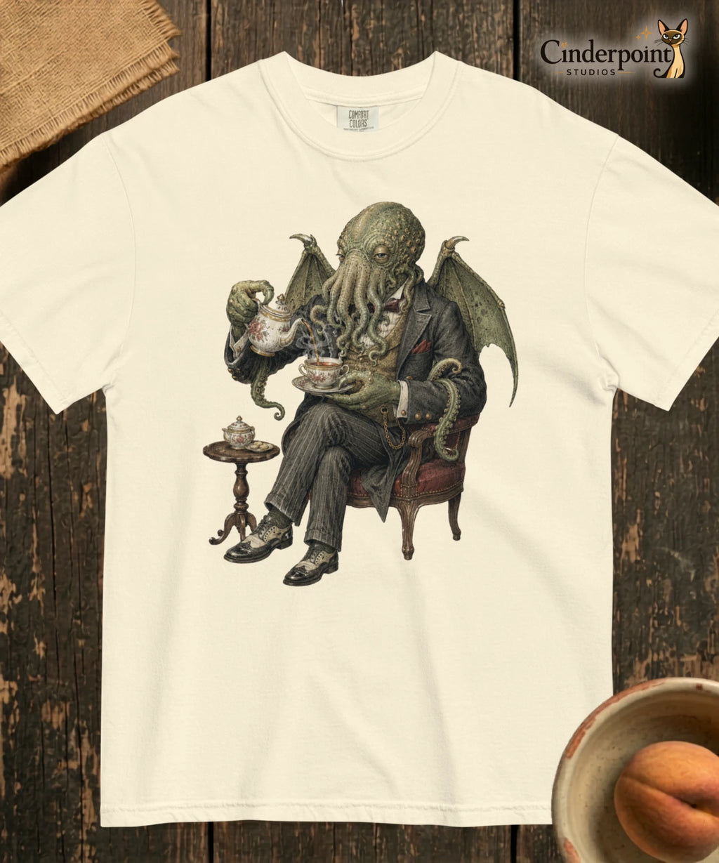 Tea with Cthulhu Cotton T-Shirt Lovecraftian Octopus Monster Gentleman Tee S-4XL