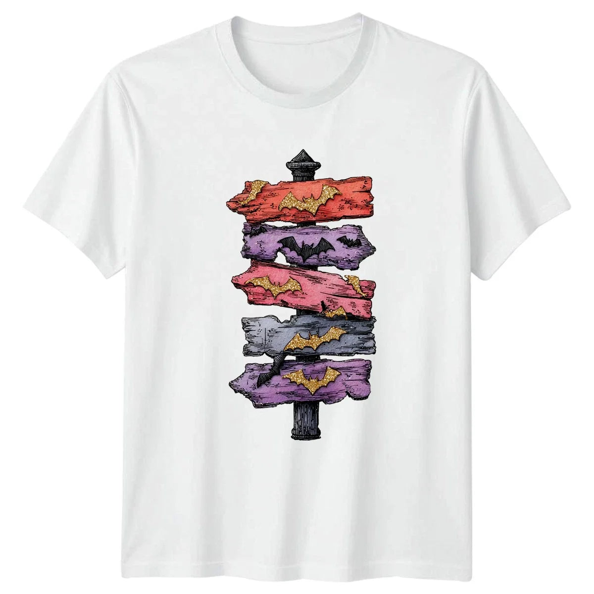 Halloween Bats Signpost Graphic Tee Mens Womens Unisex T Shirt Spooky Decor