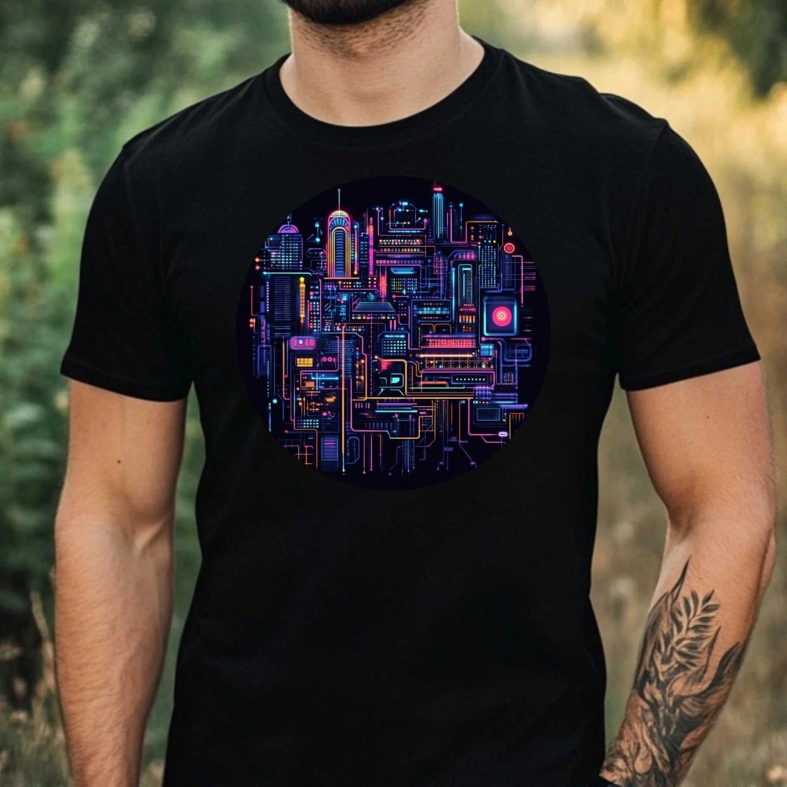 Mens Futuristic City Motif Cotton T-Shirt Size XS to 5XL