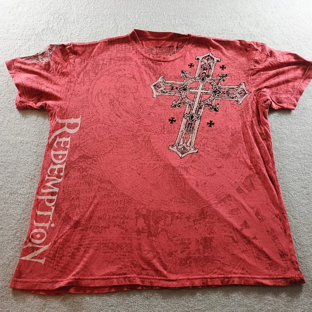 Raw State Mens Large Red Gothic Cross Wing Graphic Tee Redemption Shirt