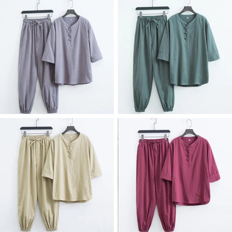 Men Cotton Linen Han Fu Summer Casual T-Shirt and Pants Outfits Sets Tang Suit