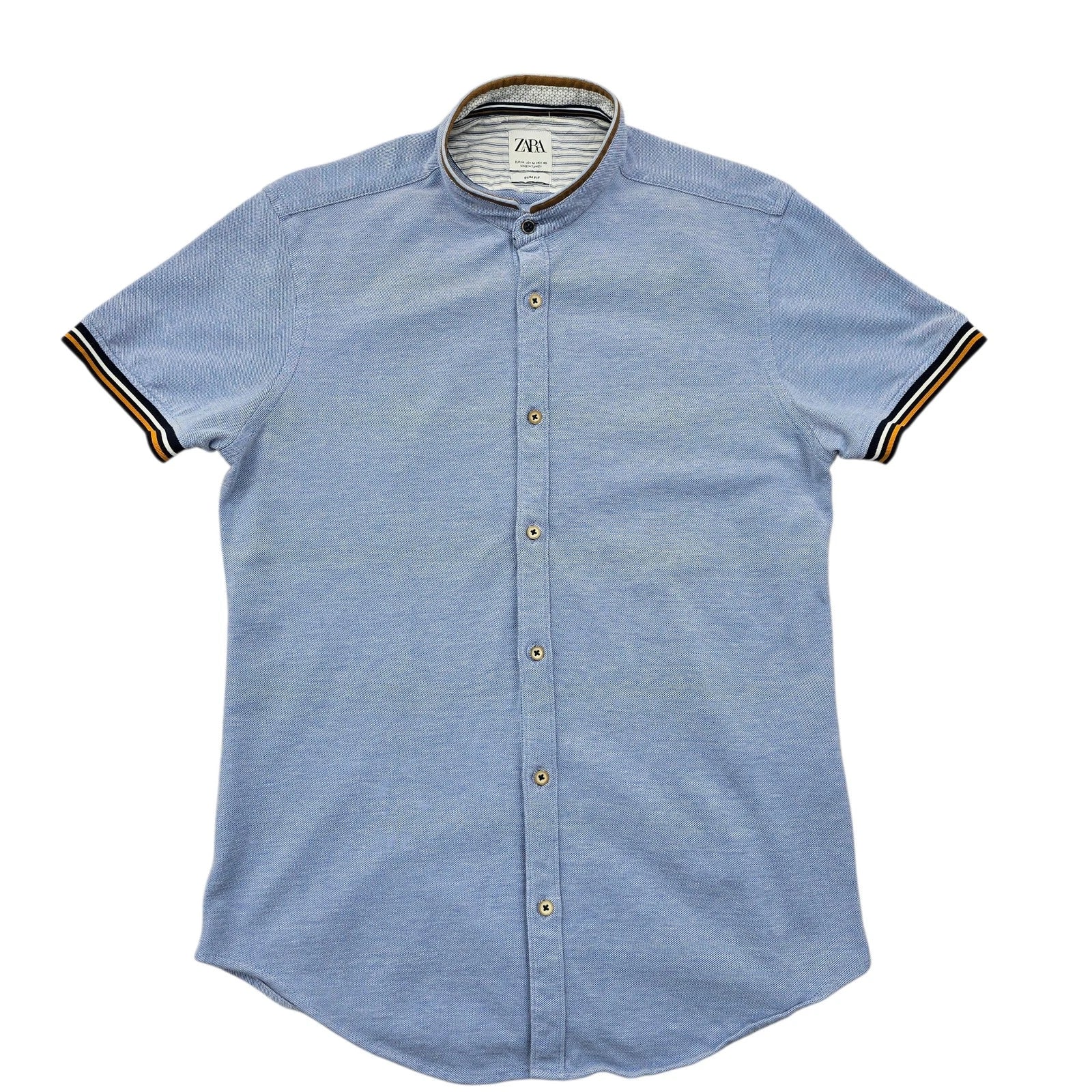 Zara Men's Light Blue Slim Fit Cotton Grandad Button-Up Shirt Size S Excellent