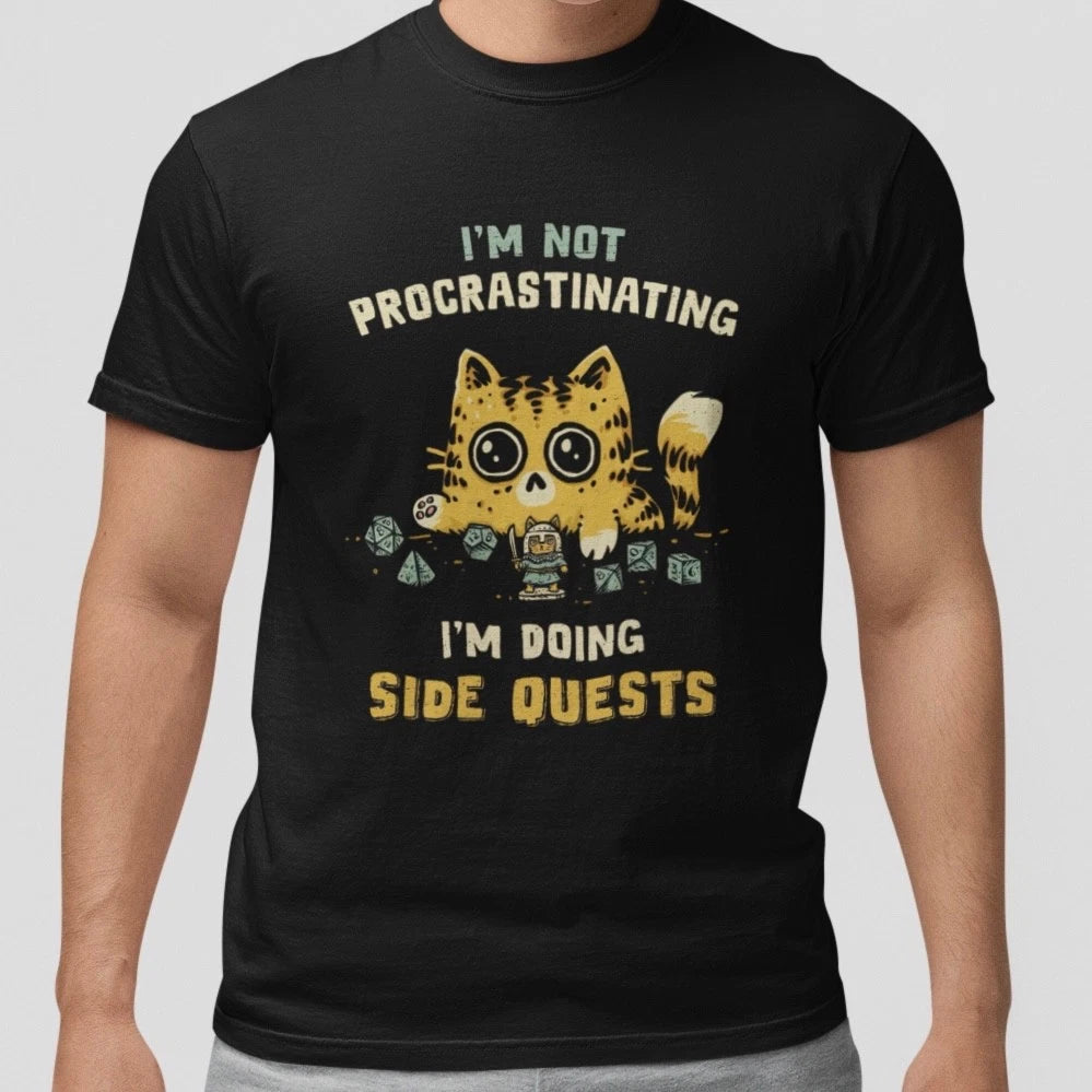 Cute Cat Side Quests Gamer Tee Funny Procrastinating RPG Dice Graphic T-Shirt