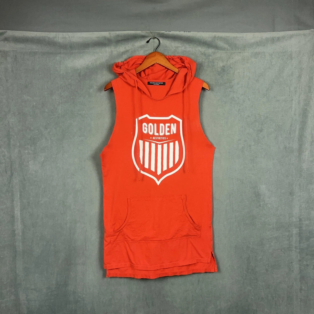 Golden Aesthetics Top Mens Medium Red Hooded Sleeveless "UNDERRATED"