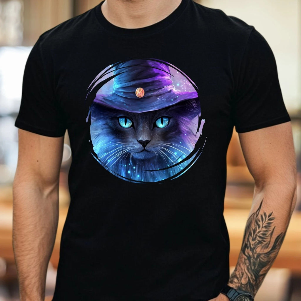 Mens Cat Wizard Mystical Motif Cotton T-Shirt Size XS to 5XL