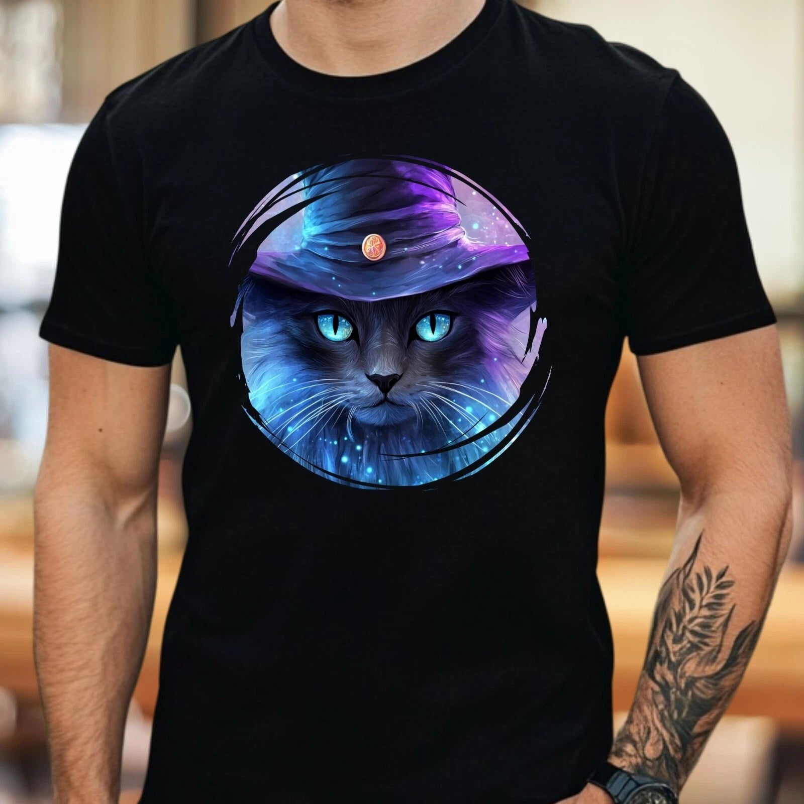 Mens Cat Wizard Mystical Motif Cotton T-Shirt Size XS to 5XL