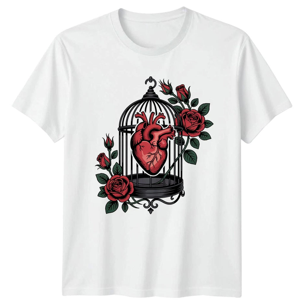 Heart In Cage Roses Gothic Mens T-Shirt Womens Tee Graphic Unisex Top