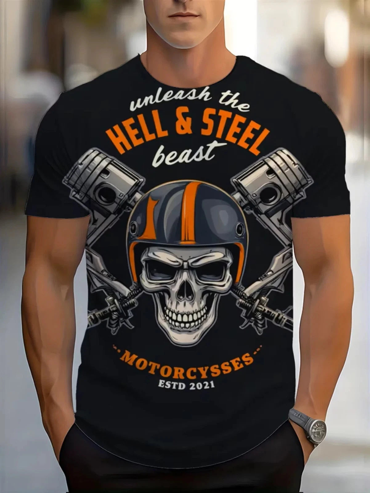 new Men's Vintage Motorcycle Skull Graphic T-Shirt – Bold Beast Typography,