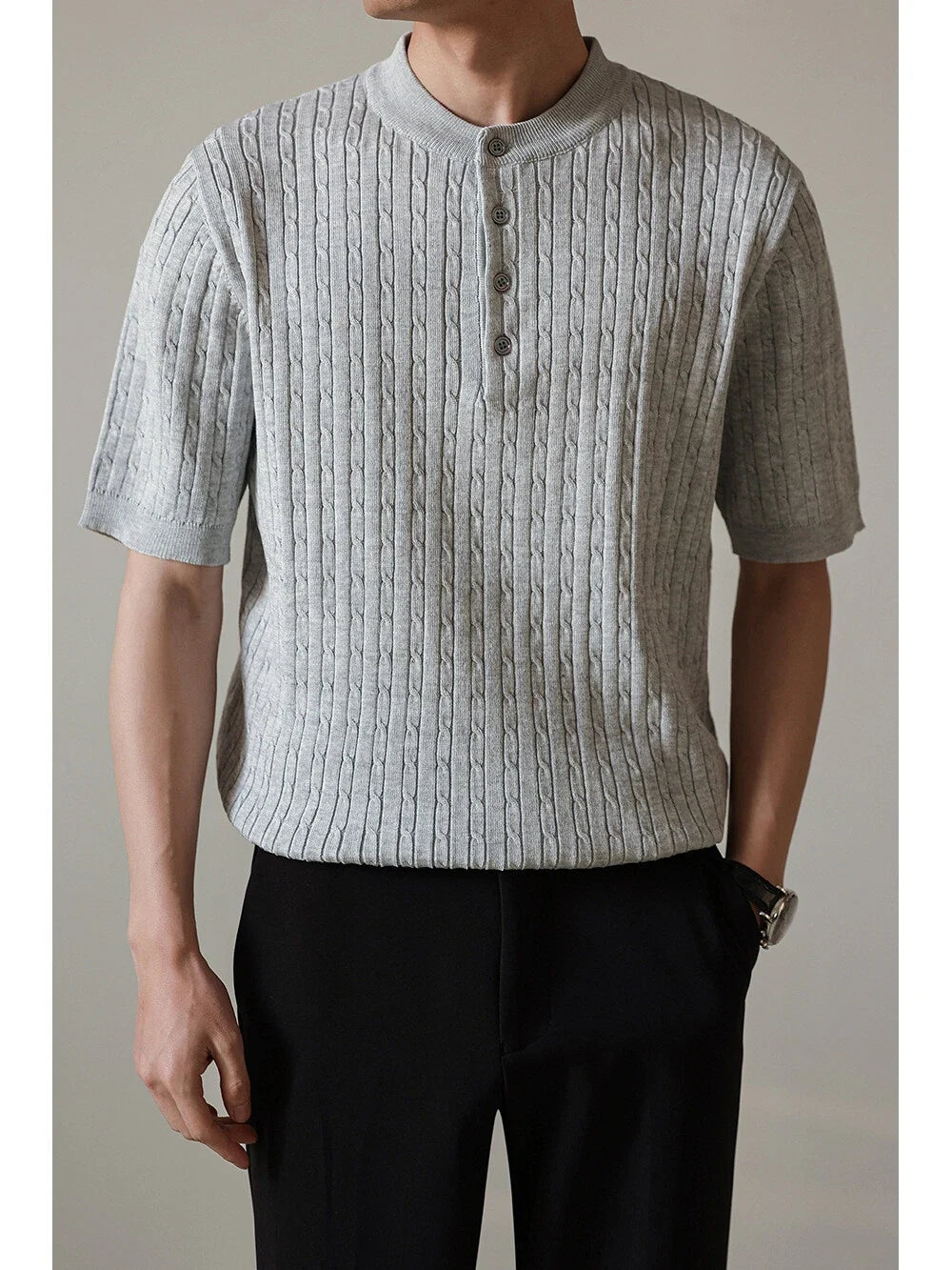 Mens Knitted Short Sleeve H Shirt Casual Slim Shirts Button Tops Blouse