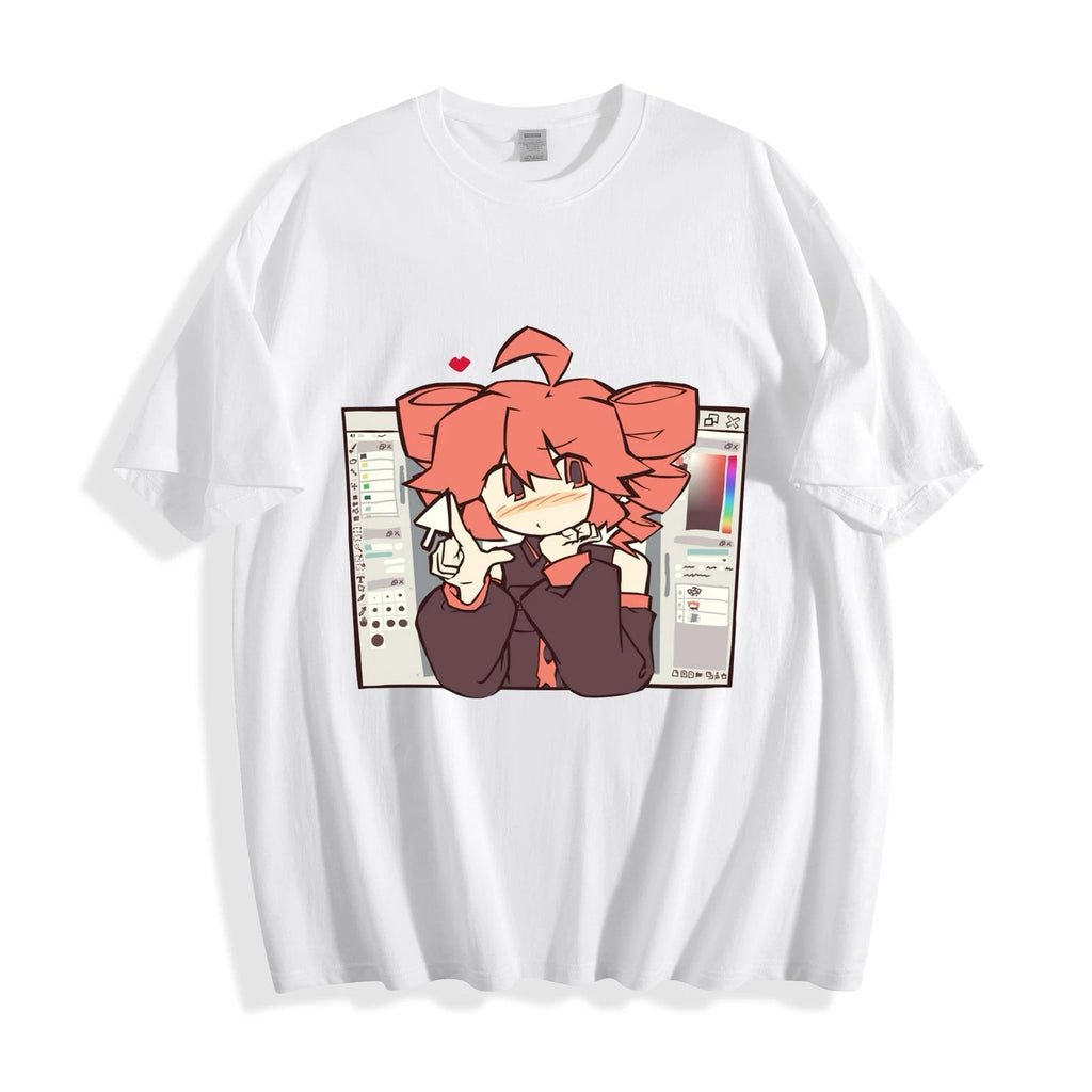 Kasane Teto Chibi Artist Desk T-Shirt - Drill Hair UTAU Girl Design Unisex Tee