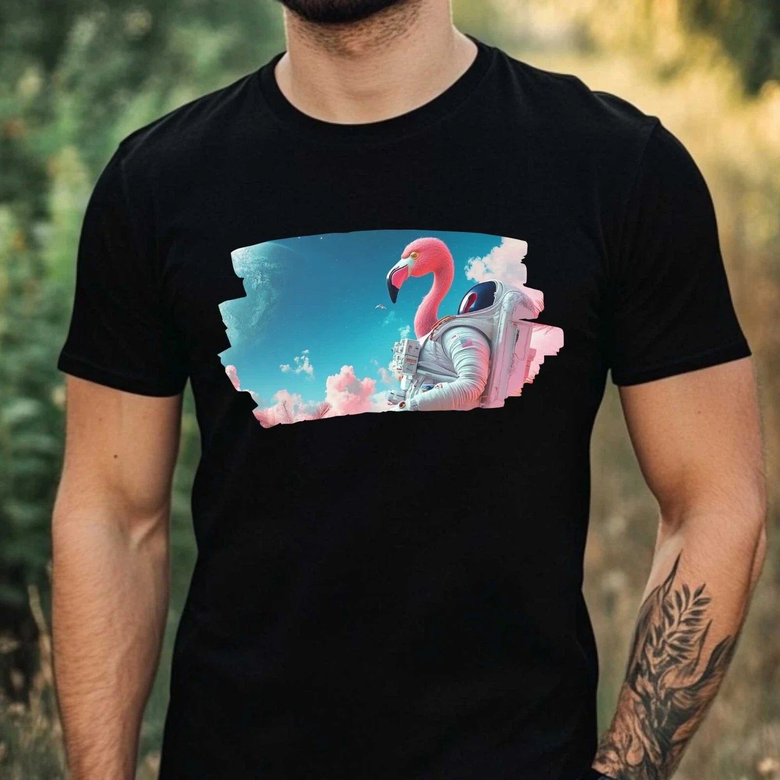 Mens Flamingo Astronaut Print Cotton T-Shirt Size XS to 5XL