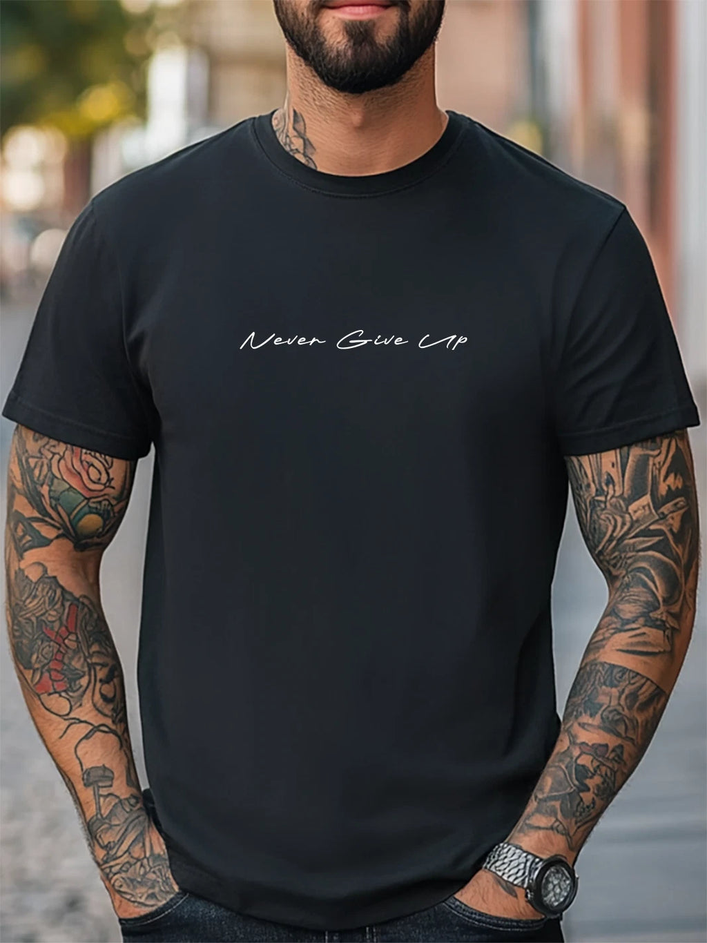 DTF Never Give Up Graphic Unisex T-Shirt Women Men Trendy Tee Casual Tee