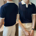 Casual Business Streetwear Men's Color Patchwork Knitted T Shirt Short Sleeve