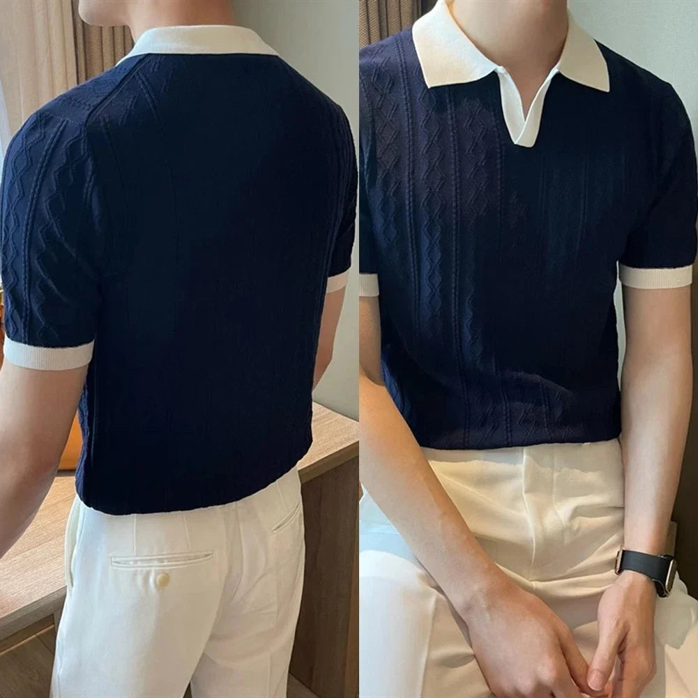 Casual Business Streetwear Men's Color Patchwork Knitted T Shirt Short Sleeve