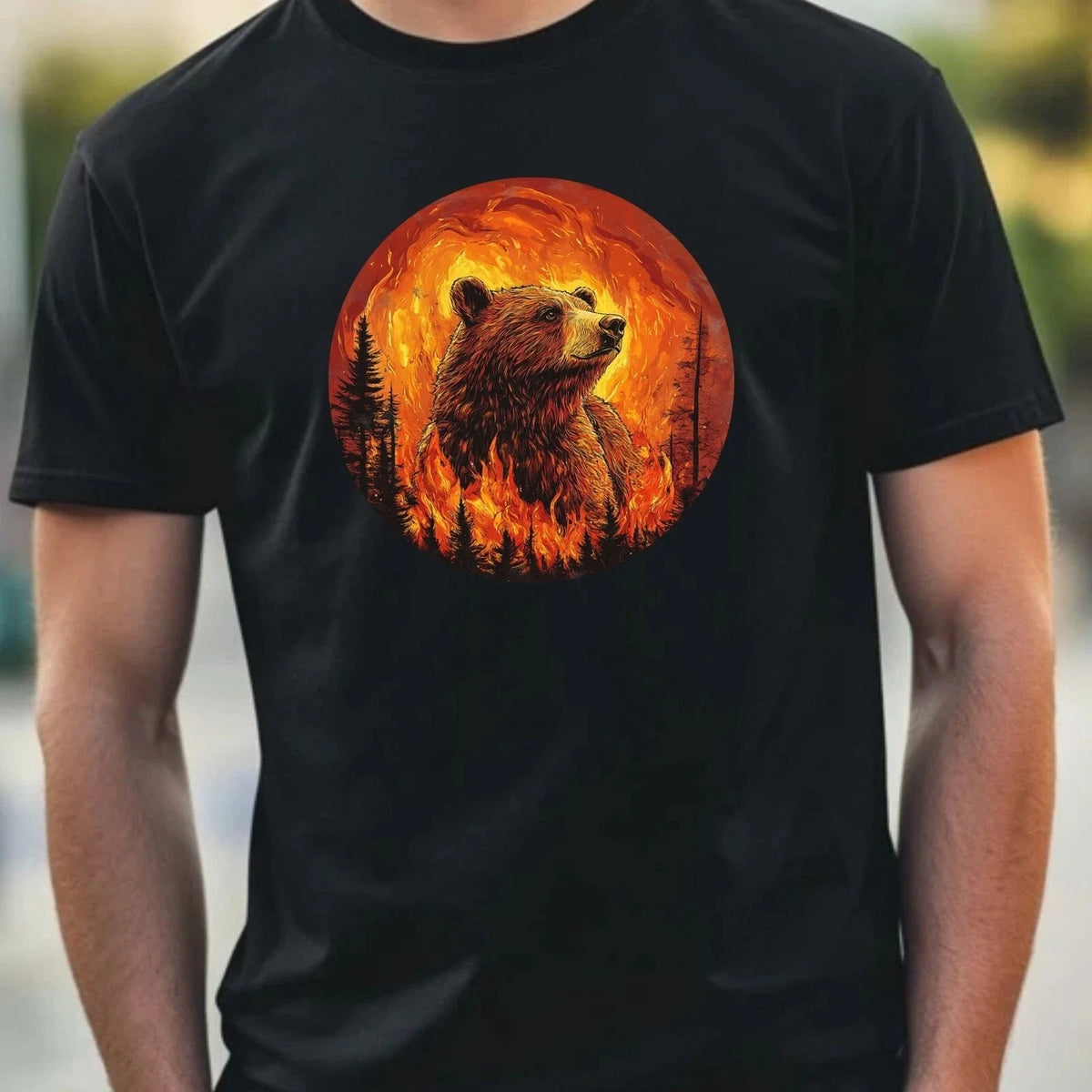 Mens Bear on Fire Motif Cotton T-Shirt Size XS to 5XL