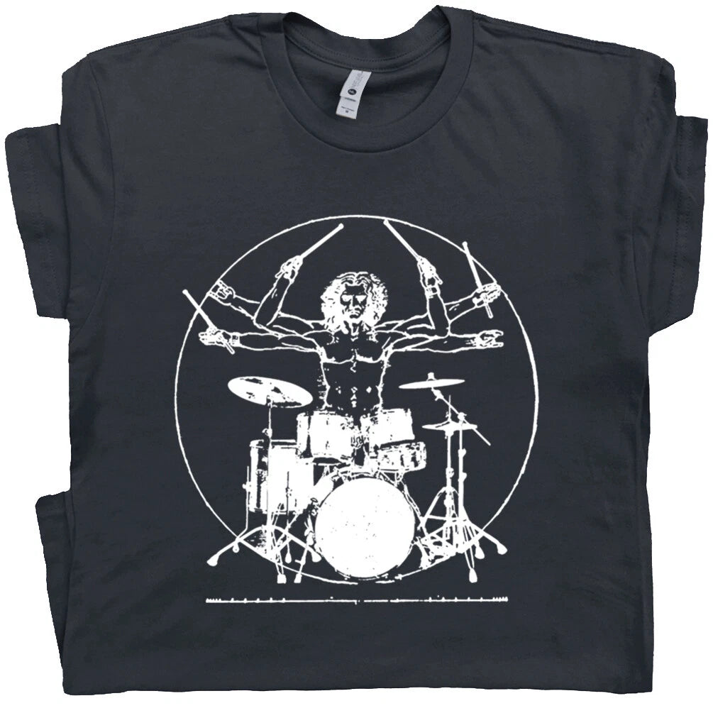 Drums T Shirt Vintage Set Cool Drummer Graphic Vitruvian Man Drumming Men Women