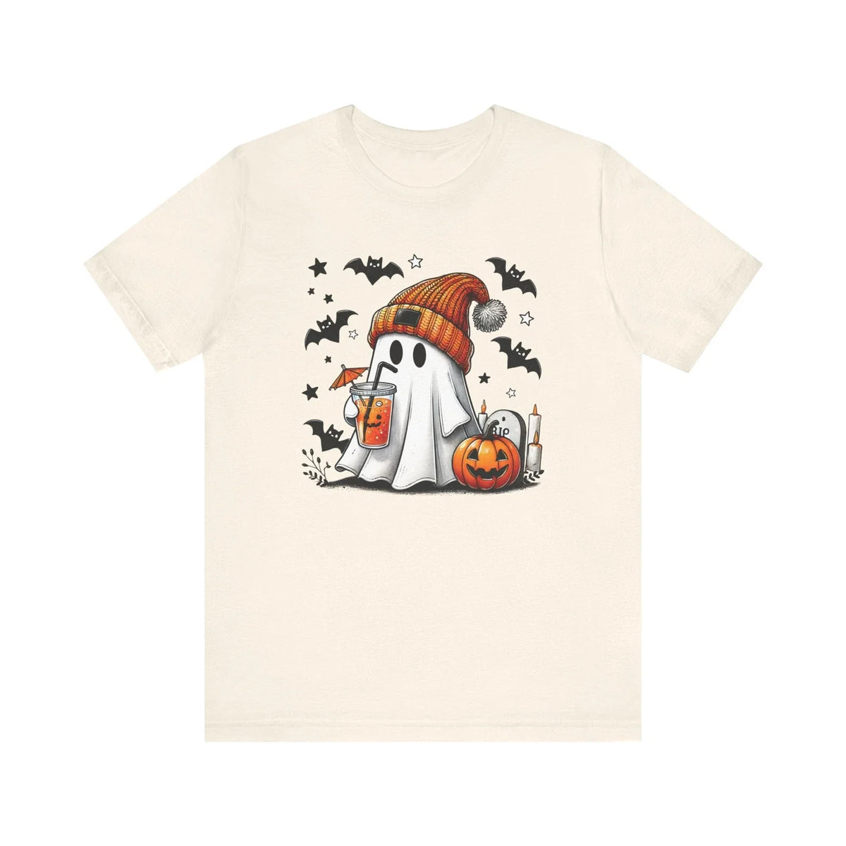 Cute Halloween Ghost Sipping Coffee T-Shirt Short Sleeve Womens