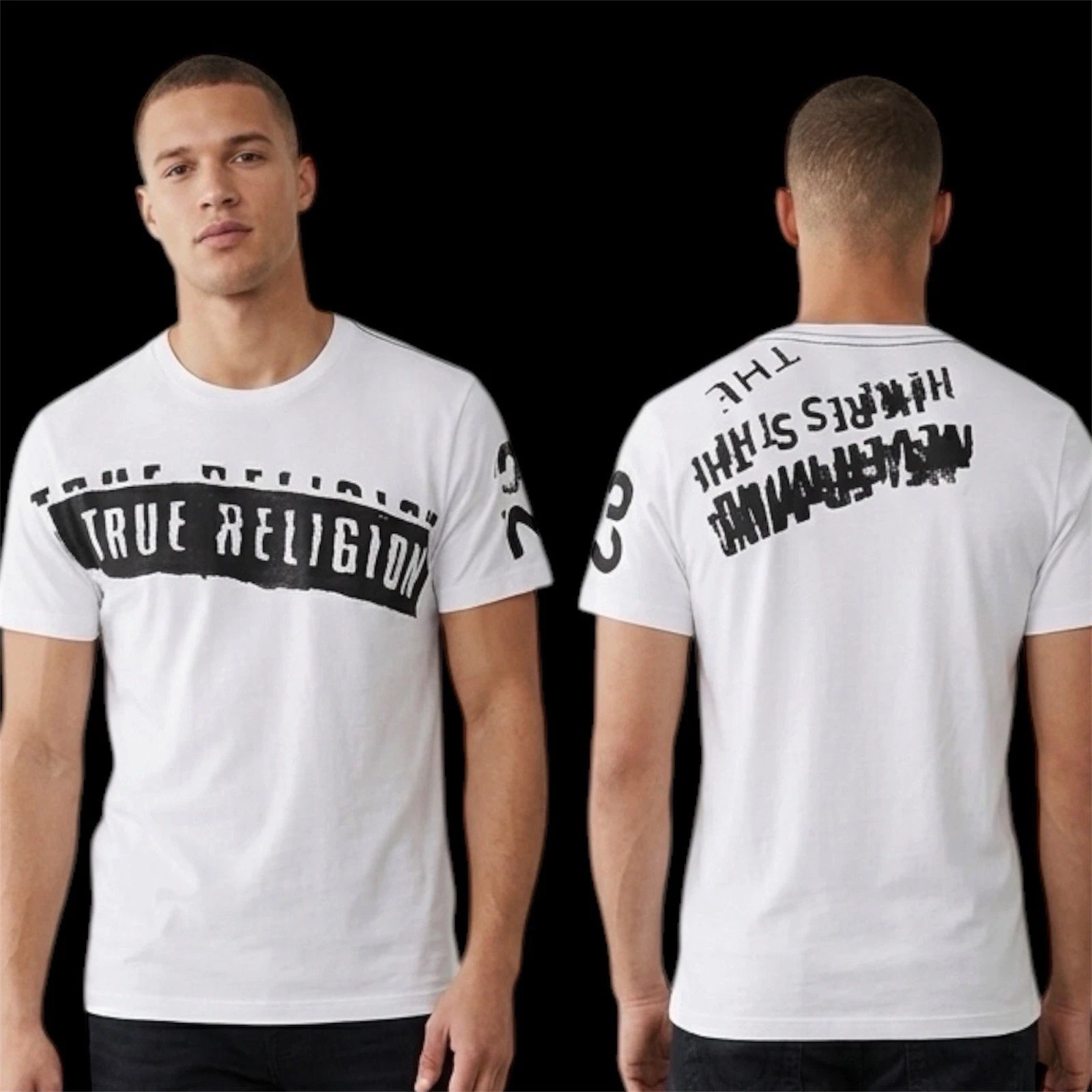 $69 TRUE RELIGION White Black STENCEL Short Sleeve Graphic T-shirt NWT