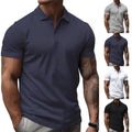 Men Slim Fit Short Sleeve T Shirt Turn Down Collar Button Front Polyester Grey