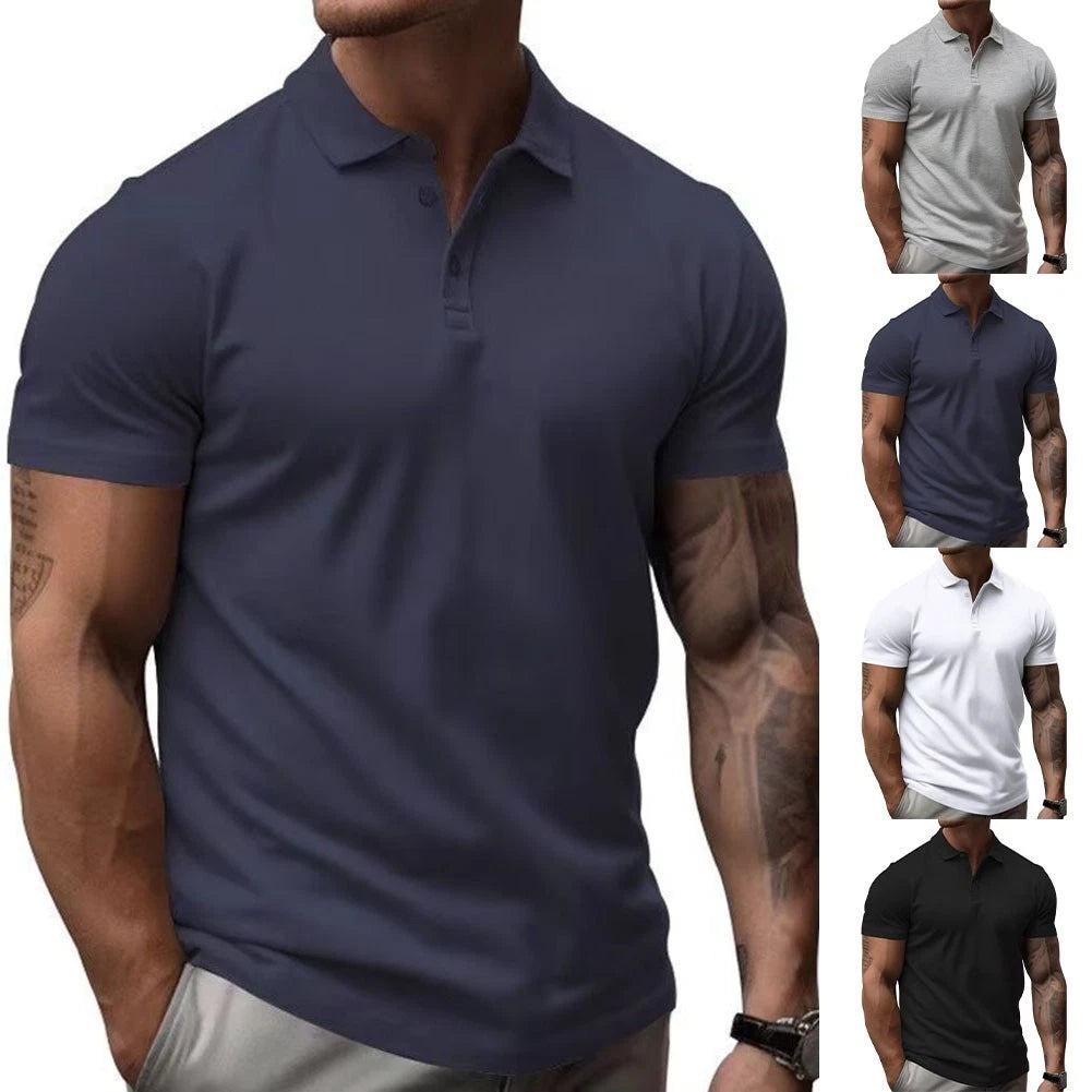 Men Slim Fit Short Sleeve T Shirt Turn Down Collar Button Front Polyester Grey
