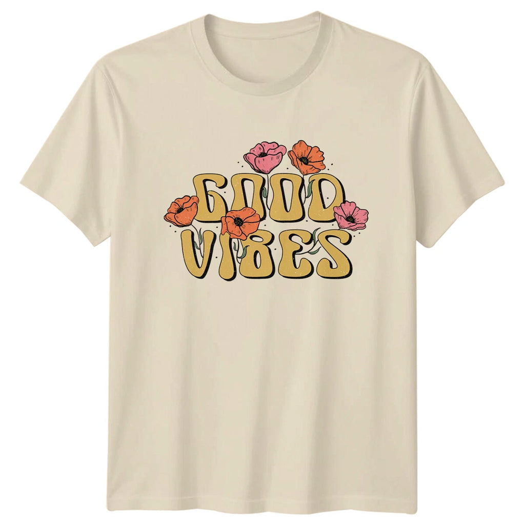 Good Vibes Floral Retro Boho T-Shirt, Vintage Style, Text Tee