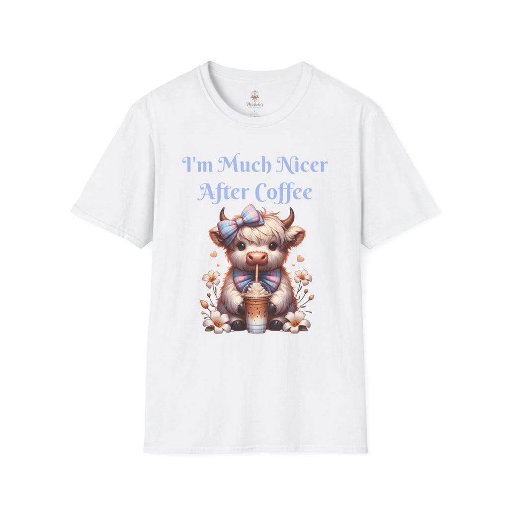I’m Much Nicer After Coffee T-Shirt | Cute Highland Cow Coffee Design