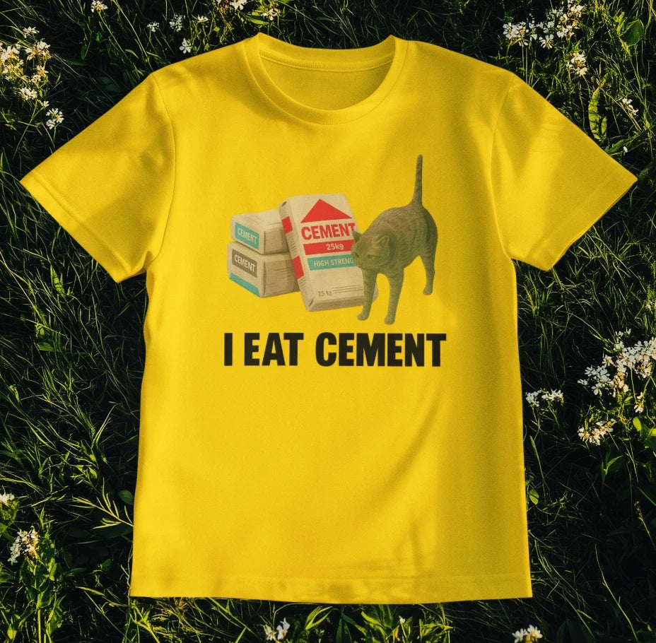 I Eat Cement Meme T-Shirt – Absurd Cat Graphic Tee for Weirdcore Aesthetic