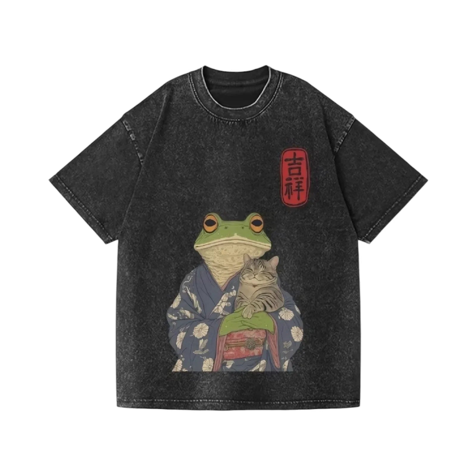 Black T-Shirt Size L Frog Kimono Vintage Graphic Streetwear Manga Cotton