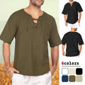 Mens Cotton Linen Short Sleeve T-shirt Casual Fit Formal Loose V Neck Tee Tops