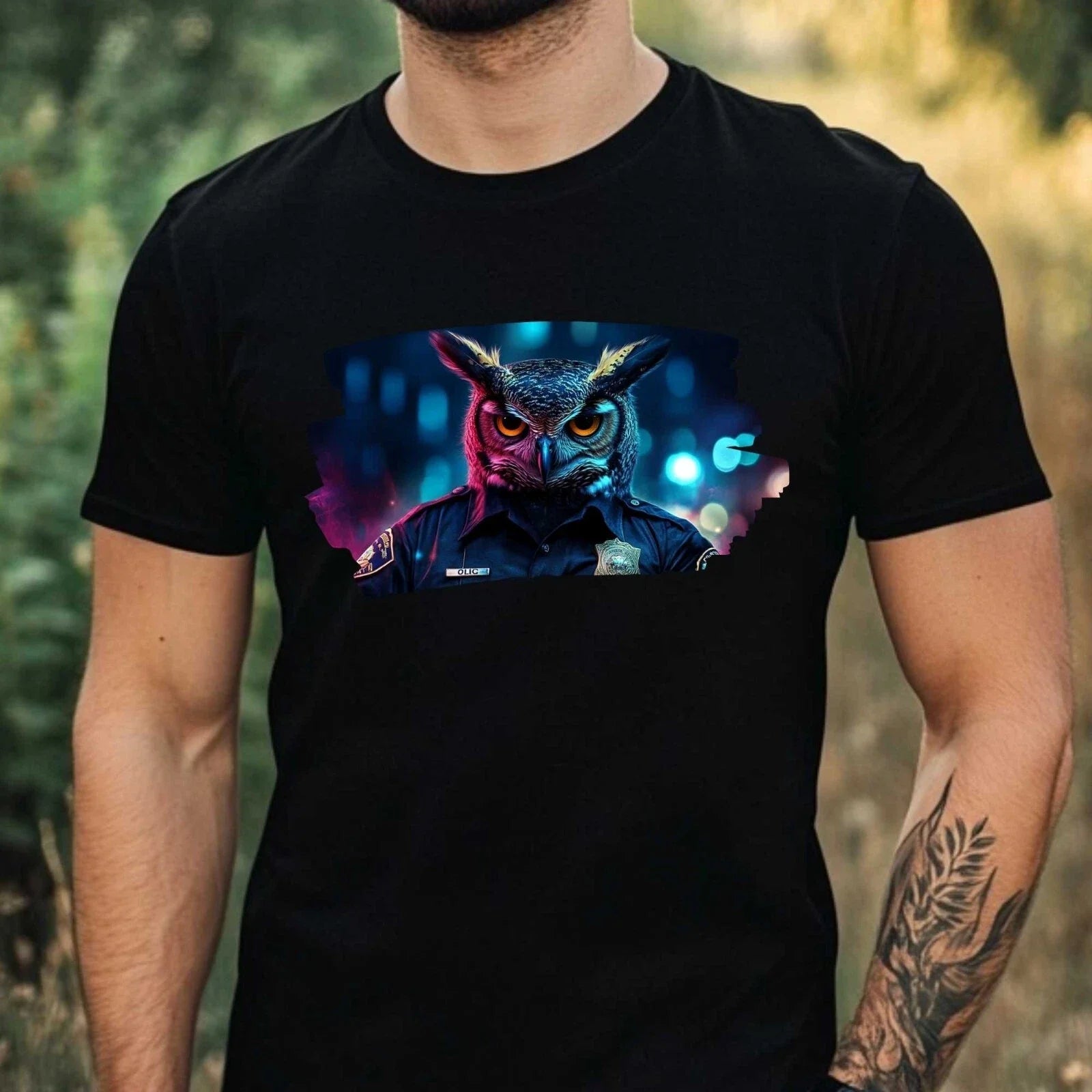 Mens Owl as Policeman Motif Cotton T-Shirt Size XS to 5XL