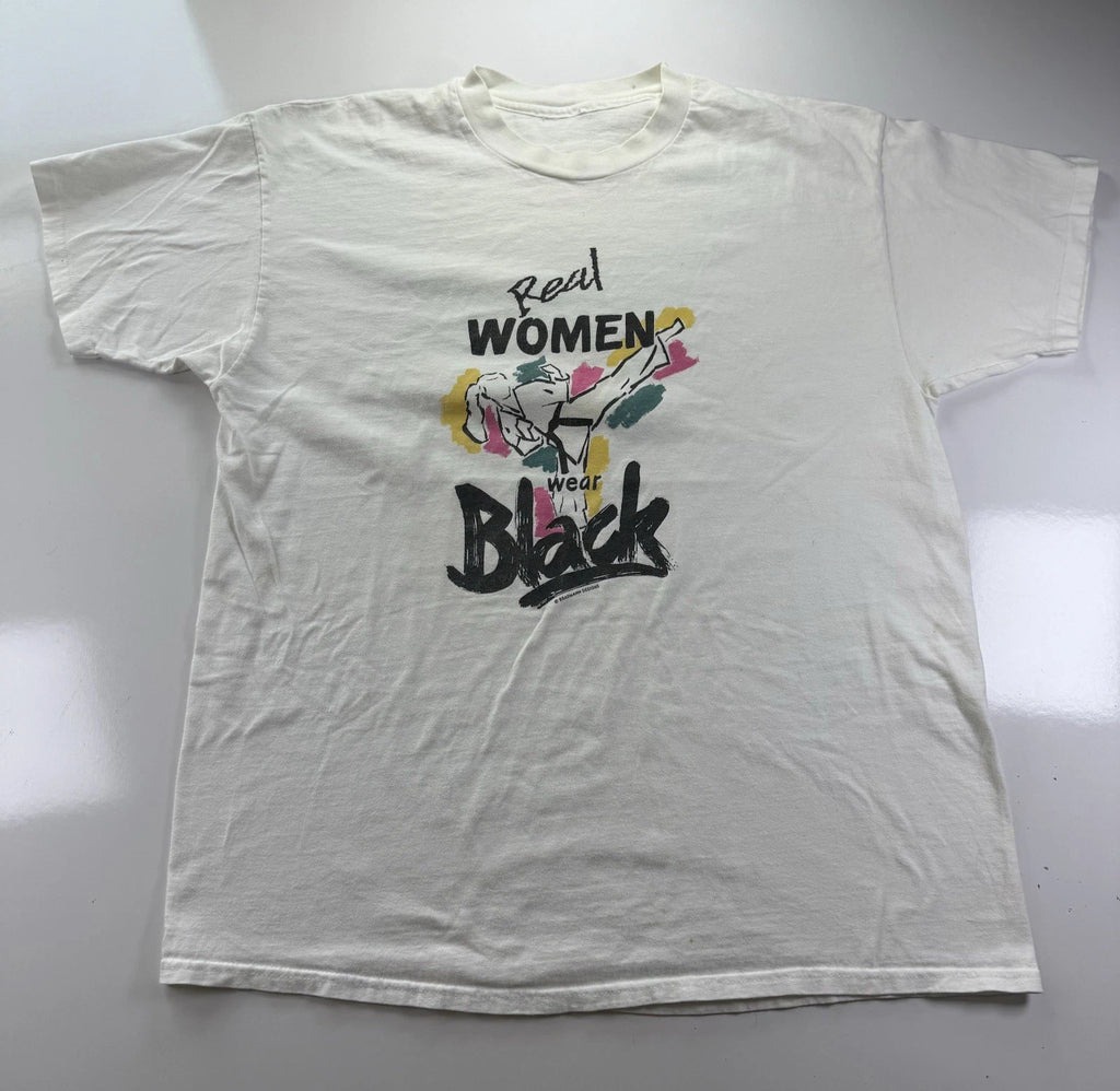 Vintage 90s Real Women Wear Black Graphic Tee White XL MISSING tag Bradham Art