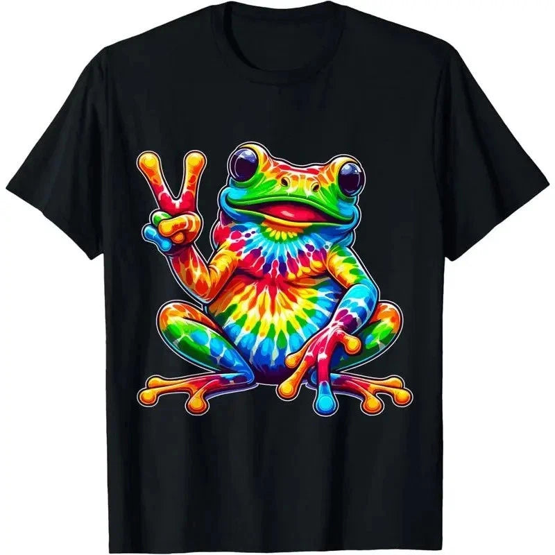 100% Cotton Tie-Dye Frog Peace Sign Hippie T-Shirt Funny T Shirt Graphic Tee